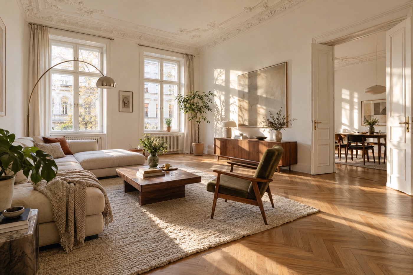 Frisch renoviertes helles Altbau-Wohnzimmer mit Sonnenlicht
